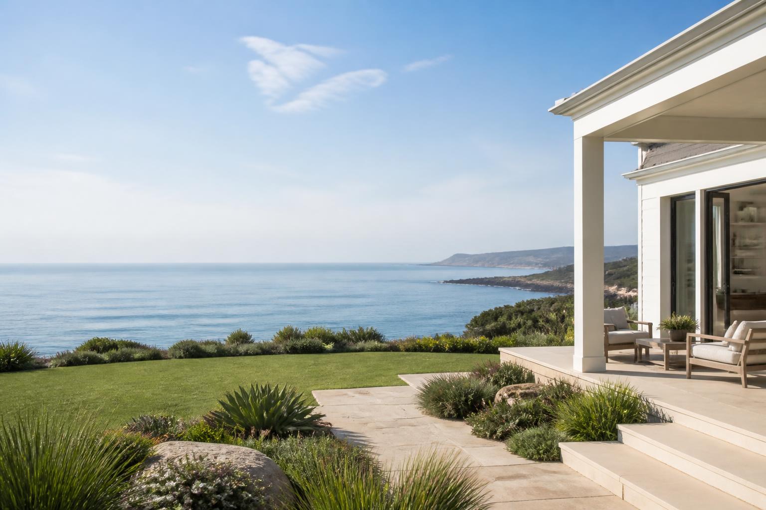 Wide view of a serene coastal luxury home with open space.