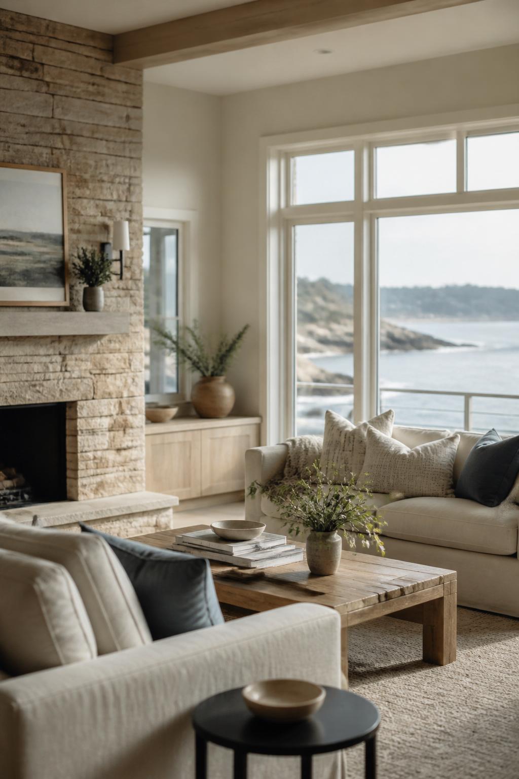 Elegant coastal living room with soft light and neutral furnishings.