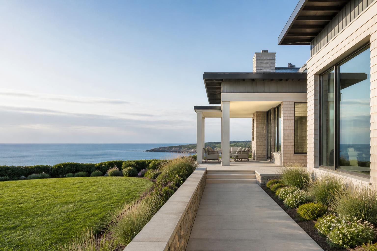 Modern coastal luxury home exterior in soft natural light.